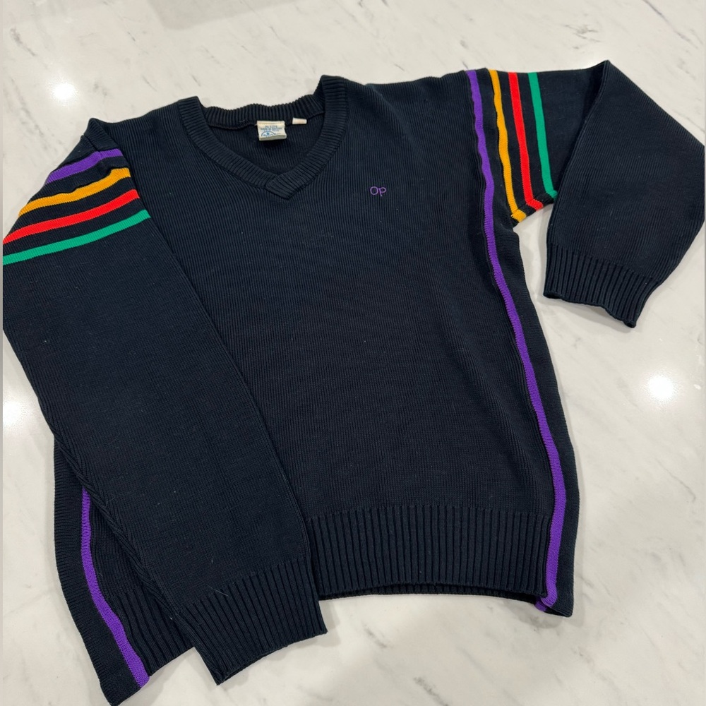OP Men's V-Neck Sweater with Colorful Stripes